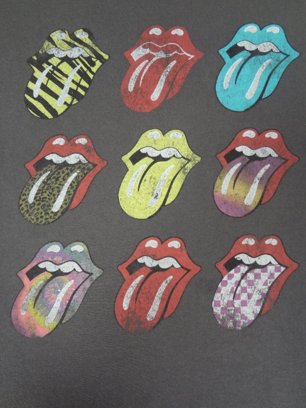 THE ROLLING STONES TIE-DYE CHECKERED TONGUE GRAY SMALL WOMENS T-SHIRT L718